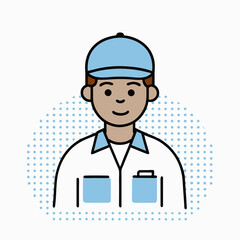 A man wearing a blue hat and white shirt with a pocket. He is smiling. The image is of a cartoon character