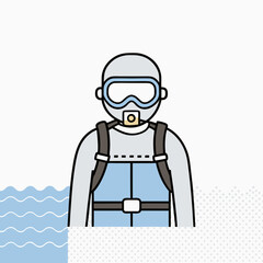 A man in a wet suit is wearing a backpack and goggles. He is standing in the water