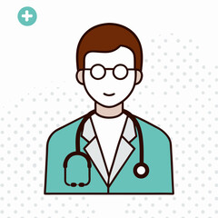 A smiling man in a green lab coat with a stethoscope. The image is of a doctor