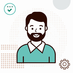 A man with a beard is smiling and wearing a blue shirt. The image has a playful and lighthearted mood