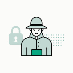 A man in a hat and coat is standing in front of a locked door. The man is smiling and holding a tablet. Concept of security and protection, as the man is guarding the door with the tablet