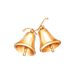 Beautiful hand drawn illustration of 2 golden bells on a white background, drawing for use in New Year's Eve and Christmas designs