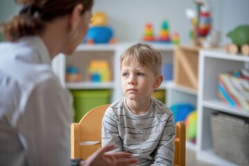 Young boy in conversation with an adult – therapeutic setting