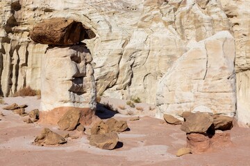Toadstools Hoodoo Mushroom Shape Rock Formations.  Hiking Scenic Grand Staircase Esalante National Mounument Landscape, Utah Southwest USA