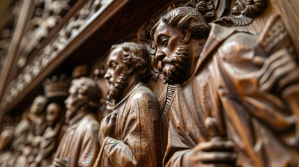 Intricately carved wooden panels line the walls depicting biblical scenes and figures.