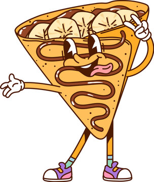 Naklejki Cartoon groovy crepe dessert fast food character with playful face, wearing retro sneakers, exudes joy and energy with wide smile. Vector fun thin pancake, breakfast personage exudes happy funky vibes