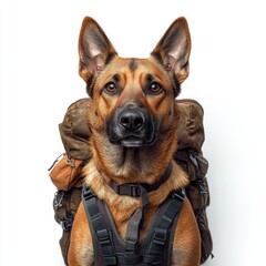 Dog equipped with backpack for hiking adventure on white background