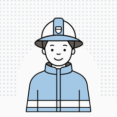 A smiling man in a blue jacket and hat with a fireman helmet. The image is of a cartoon character