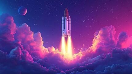 A rocket ship blasts off into space, leaving a trail of fire and smoke. 