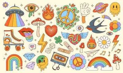 Groovy cartoon characters in retro hippie art, vector funky comic. 60s and 70s groovy cartoon rainbows and heart on wings, amanita mushroom and psychedelic melting smile with flowers and peace sign
