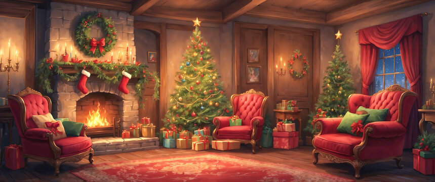 An Indoor Christmas Scene of a Decorated Living Room with an Empty Santa Chairs, Christmas Trees, Wreaths, Fireplace and Presents, Wide Horizontal Digital Painting Illustration Wallpaper Background