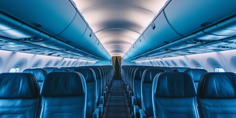 Fototapeta premium Explore the sleek and modern interior design of a commercial aircraft, which showcases clean lines and a minimalist aesthetic that greatly enhance the overall passenger experience during flights