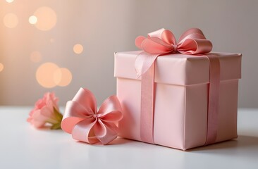 Obraz premium A charming pink gift box adorned with elegant ribbons sits on a table, accompanied by a soft pink rose, creating a lovely atmosphere for celebrations