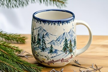 Hand-painted mug with winter landscape on wooden surface