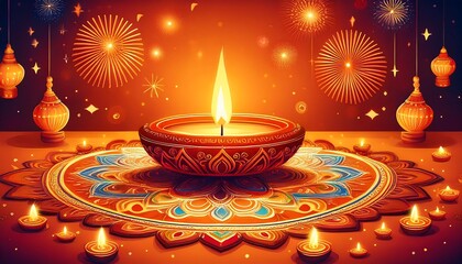  A vibrant Diwali scene unfolds with an orange backdrop featuring intricate rangoli designs,_1(746)