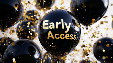 Black balloons filled with golden confetti create a festive atmosphere while a prominent message of early access invites attendees to an exclusive event or offer