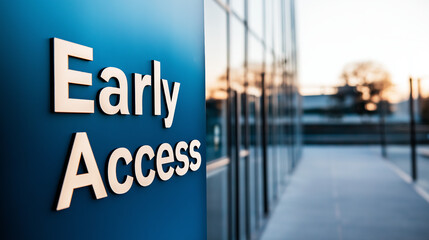 Fototapeta premium A sign indicating early access is prominently displayed near a sleek glass building during sunset guiding visitors to the entryway for special access