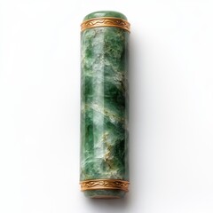 Green jade roller with gold accents on a white background