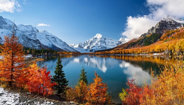  A tranquil mountain lake surrounded by vibrant autumn hues and dusted with snow atop the ru_1(729)