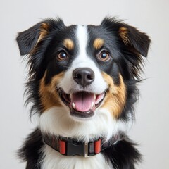 Happy dog wearing anti-bark collar against white background