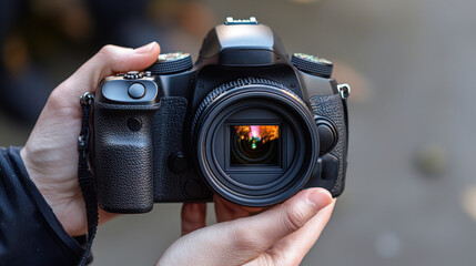 Person holding a DSLR camera, preparing to capture a moment outdoors during daylight