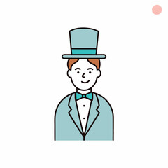 A man in a blue suit and hat is smiling. He is wearing a bow tie. The image is of a cartoon character