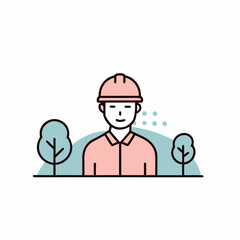A man wearing a hard hat and a pink shirt is standing in front of trees. Concept of safety and protection, as the man is wearing a hard hat