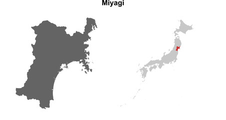 Miyagi prefecture blank outline map set