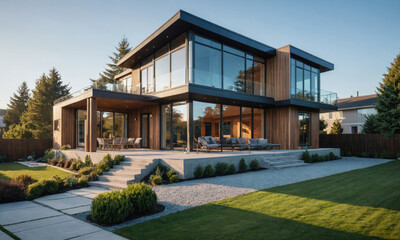 Obraz premium A modern, wood-sided house with large windows sits on a manicured lawn