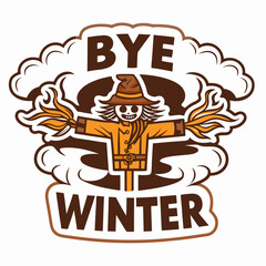 Bye Winter logo with cheerful scarecrow and clouds.