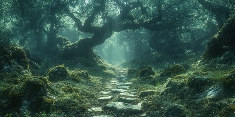 Fototapeta premium A stone path winds through a dense, mossy forest with sunlight streaming through the canopy.