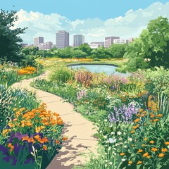 Obraz premium Illustration of a city park with native plants and pollinator-friendly flowers in labeled sections. A lively, educational scene showcasing biodiversity and environmental awareness.
