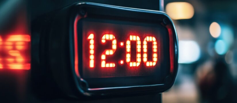 Close-up of a digital clock displaying 1200.