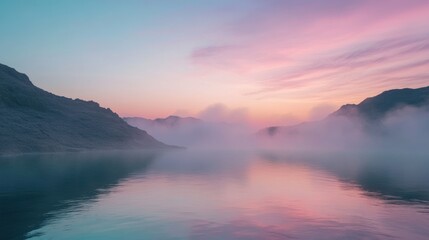 Fototapeta premium Serene mist-covered lake at sunrise with pink and blue sky reflected in water.