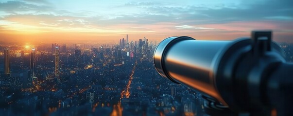 Vision 2025, telescope and futuristic cityscape, ambitious planning, 3D illustration