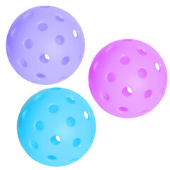 Three pickleball balls in light blue, pink and light purple isolated on transparent background.