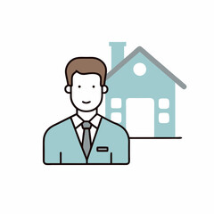 A man in a suit is smiling and standing in front of a house. The house is blue and has a chimney