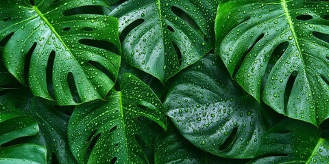 Fototapeta premium High-resolution close-up of lush dark green tropical leaves with water droplets