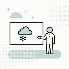 A man pointing at a white board with a cloud on it. The cloud is white and has snow on it