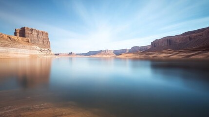 A tranquil lake with red rock cliffs and a clear blue sky.