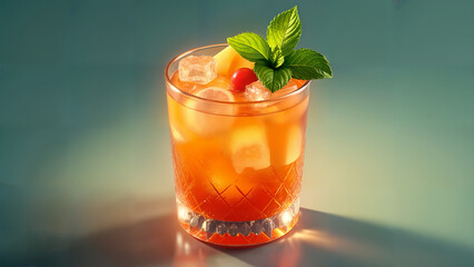 An Enchanting Visualization of a Sumptuous Cocktail Glass Adorned with Ice and Fruits in an Exceptional CG Environment