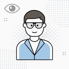 A man wearing glasses and a blue jacket. He is smiling. The image is of a cartoon man with a pair of glasses and a blue jacket