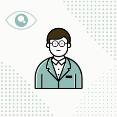 A man wearing a suit and glasses with a large eye in the background. The eye is looking at the viewer, and the man is looking away. Concept of professionalism and focus