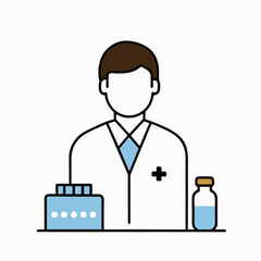 A man in a white lab coat is standing next to a medical kit and a bottle of water