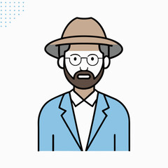 A man with a hat and glasses is depicted in a blue suit. The man's facial features are emphasized, and he is wearing a hat and glasses. The blue suit is a prominent feature of the image