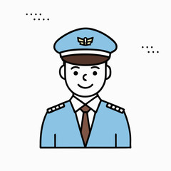 A cartoon of a pilot with a smile on his face. The pilot is wearing a blue uniform and a hat