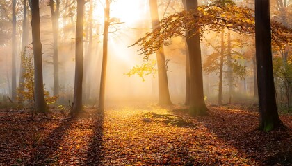  A serene misty forest scene with autumn leaves and warm dawn light creates a beautiful natu_1(530)
