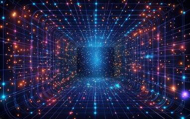 Obraz premium A vibrant tunnel of luminous particles and grid lines creates an immersive digital experience in a cosmic space environment