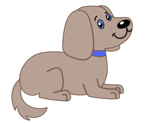 Cute little beige lying puppy in a collar - vector color picture.  Doggie cute, children's drawing with a pet