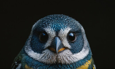 Fototapeta premium A small blue and yellow bird stares intently at the camera